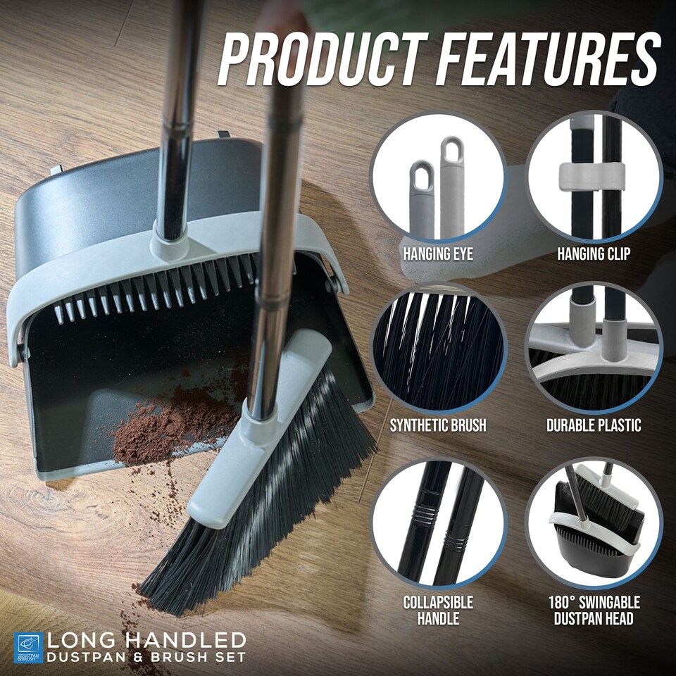 image 1 of Long Handled Dustpan and Brush Set Reduce Bending Tall Lobby Dustpan and Sweeping Brush