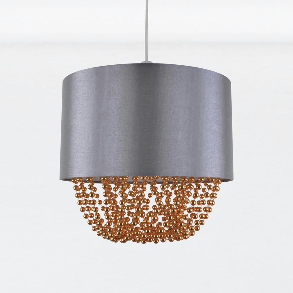 image 1 of First Choice Lighting Grey Faux Silk & Copper Jewelled Ceiling Light Shade Grey | Copper