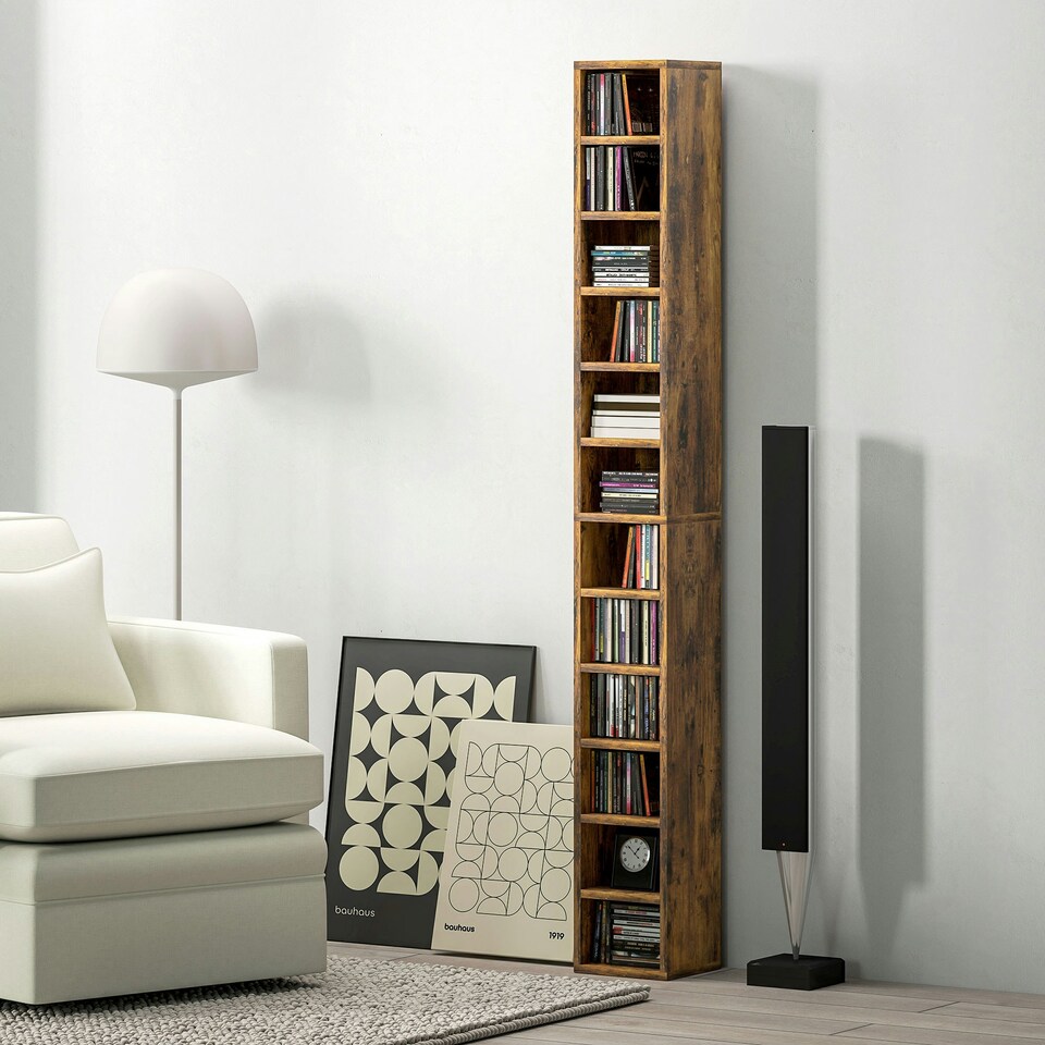 image 1 of HOMCOM 204 CD Storage Tower Tall Bookcase Bookshelf with Cubes Rustic Brown