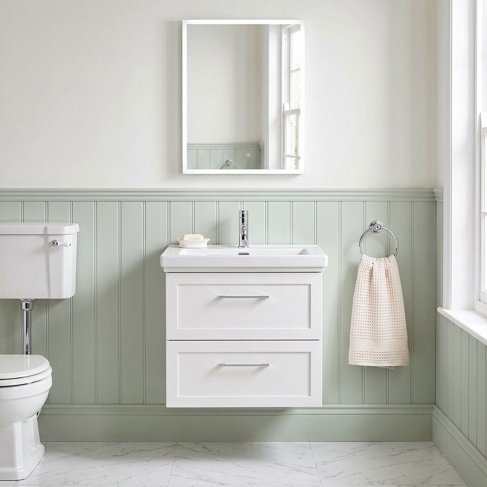 image 1 of Balterley Stonnall Traditional Wall Hung 2 Drawers Vanity Unit with Traditional 1 Tap Hole Fireclay Basin, 600mm, Matt White