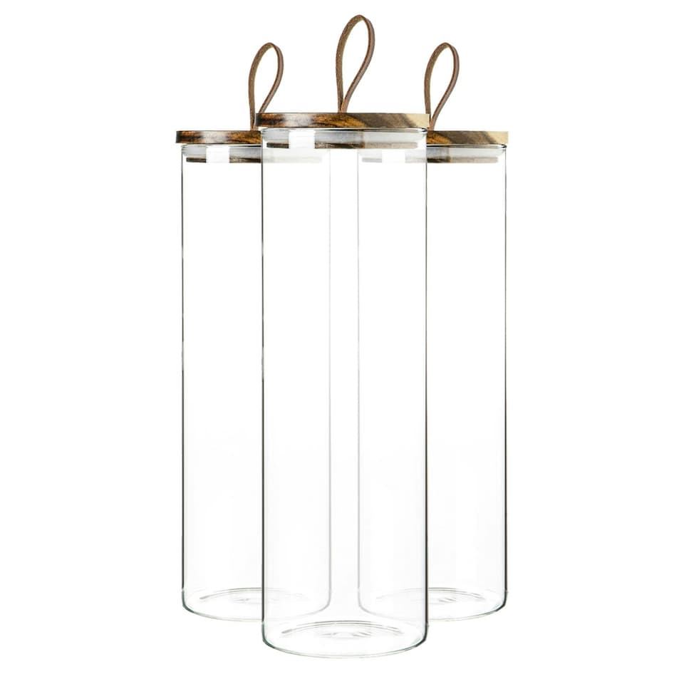 image 1 of Argon Tableware Glass Storage Jars with Wooden Lids - Leather Loop - 2 Litre - Pack of 3