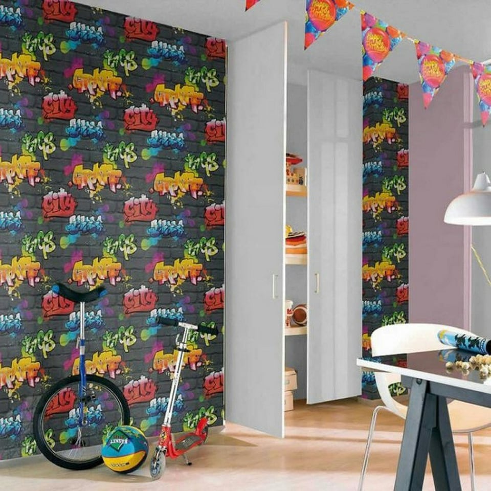 image 1 of Rasch Graffiti Wallpaper - Multicoloured - 10m x 53.5cm Multi