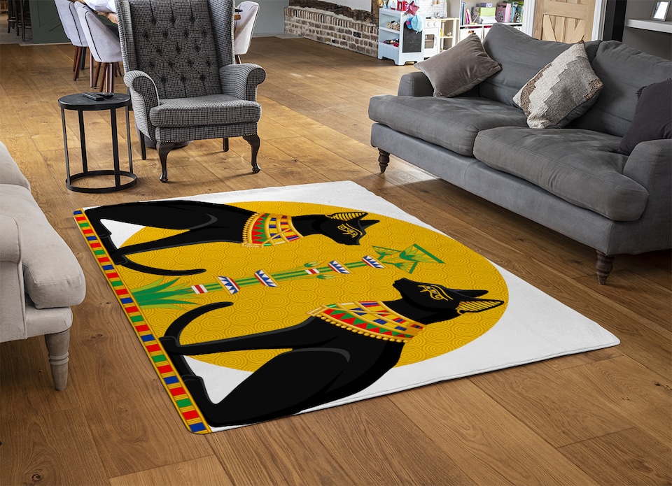 image 1 of Illustration Of Black Egyptian Cats With Papyrus Rug | Multi