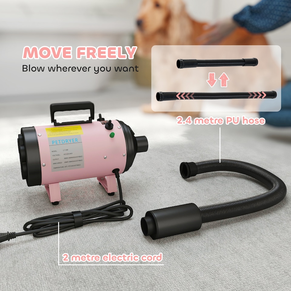 image 1 of PawHut 2200W Dog Hair Dryer with Adjustable Temperature & Velocity | Pink