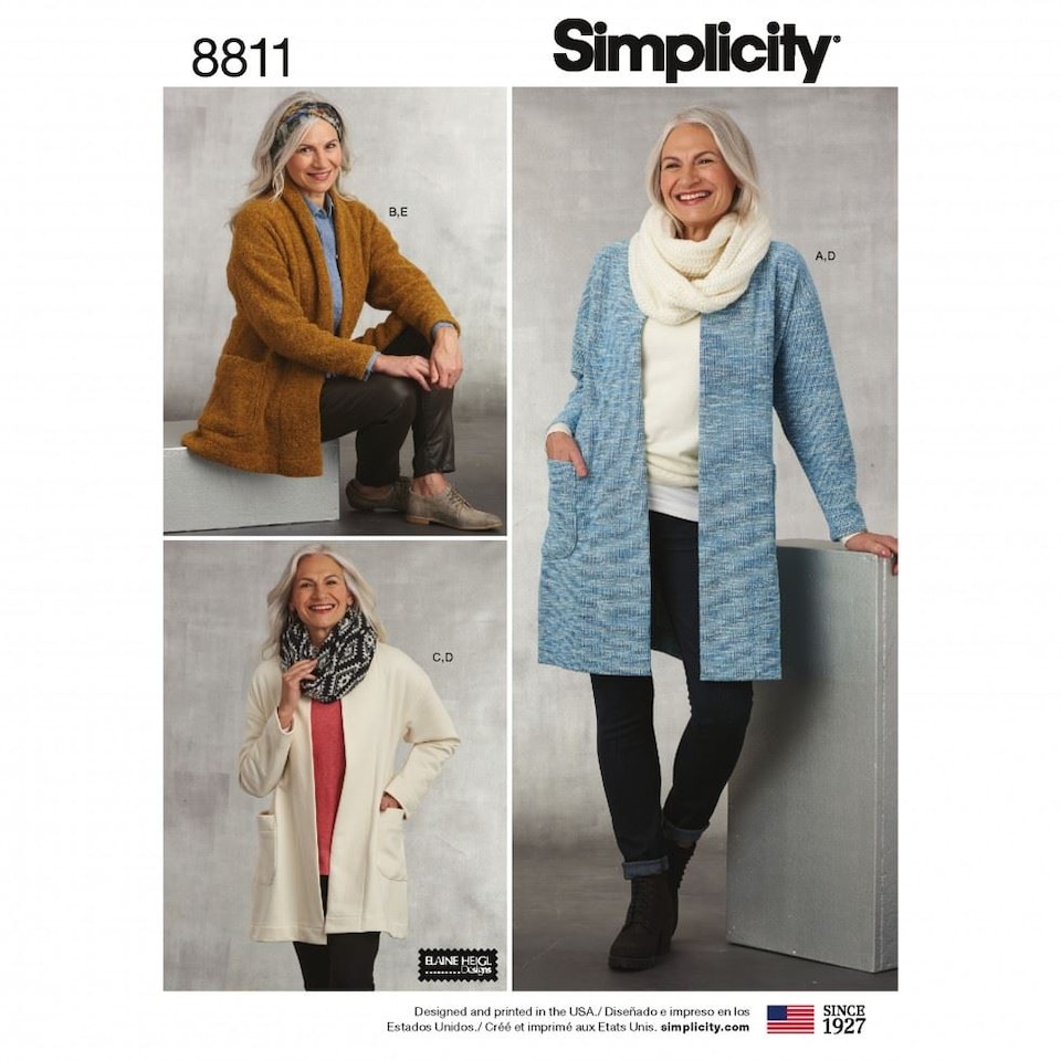 image 1 of Simplicity 8811 Paper Sewing Pattern – Women’s Scarves, Headwear, Jackets & Cardigans, Size A (XS–S–M–L–XL), Easy