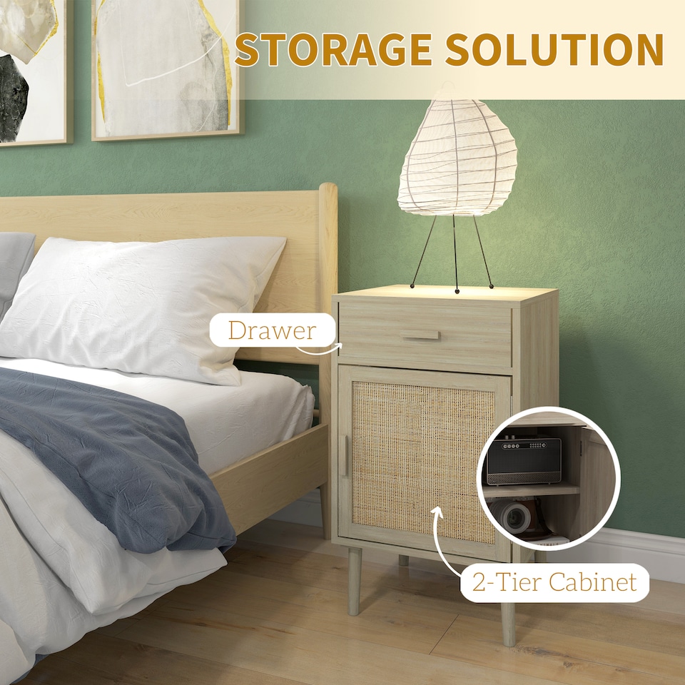 image 1 of HOMCOM Bedside Table Set of 2, Rattan Side Tables with Drawer, Cabinet and Adjustable Shelf, Boho Bedside Cabinet with Storage for Bedroom, Living Room, Natural Wood Effect