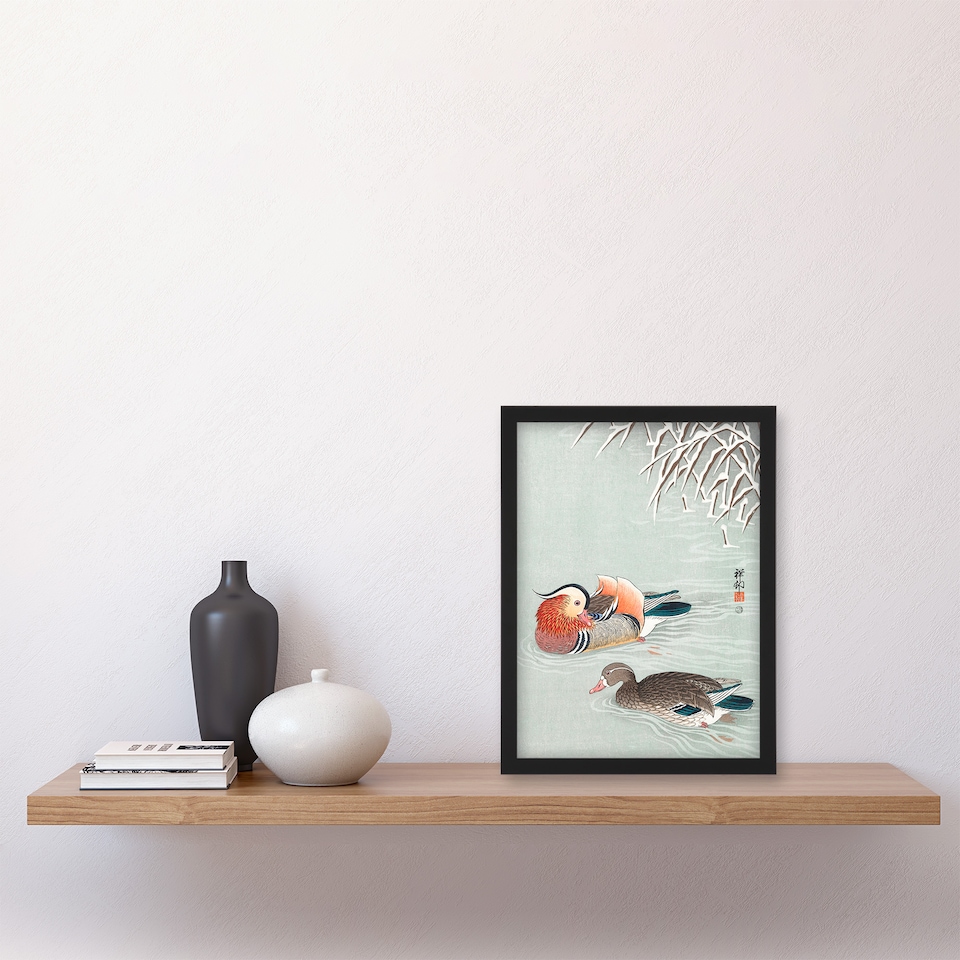 image 1 of Ohara Koson Framed Wall Art Print Two Mandarin Ducks in Snow Home Décor