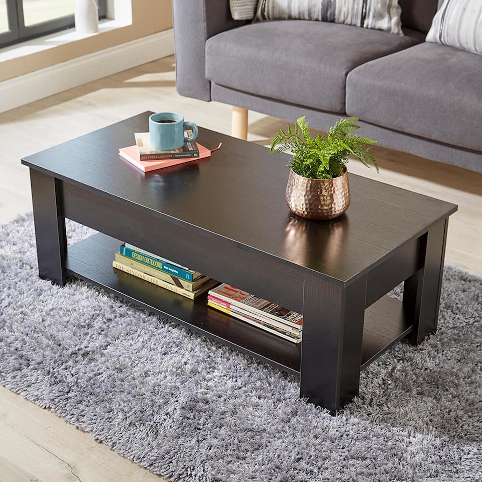 image 1 of Wooden Coffee Table With Lift Up Top Storage Area and Magazine Shelf | Black