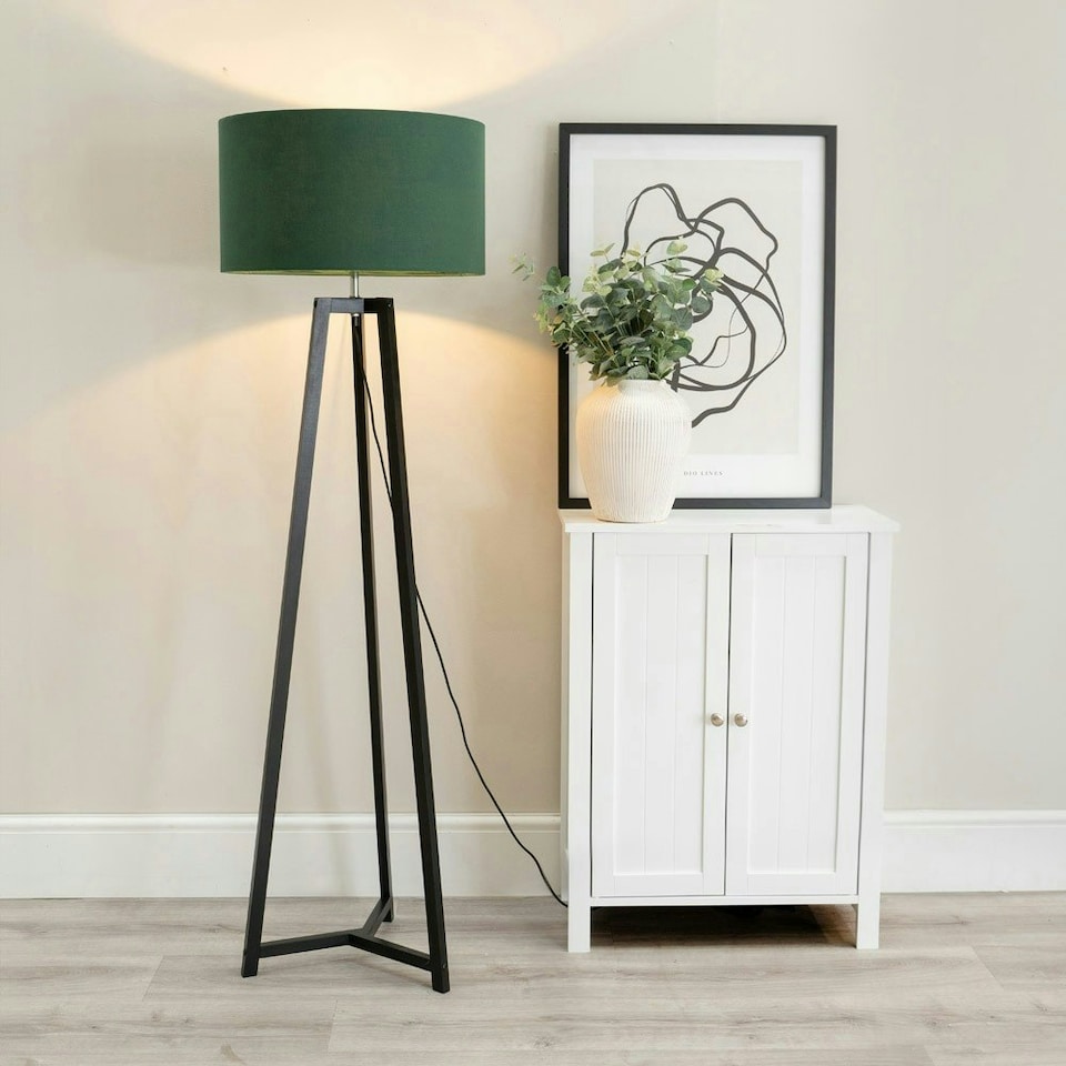 image 1 of ValueLights Lottie Black Wood Tripod Floor Lamp with Green Fabric Drum Shade | Green