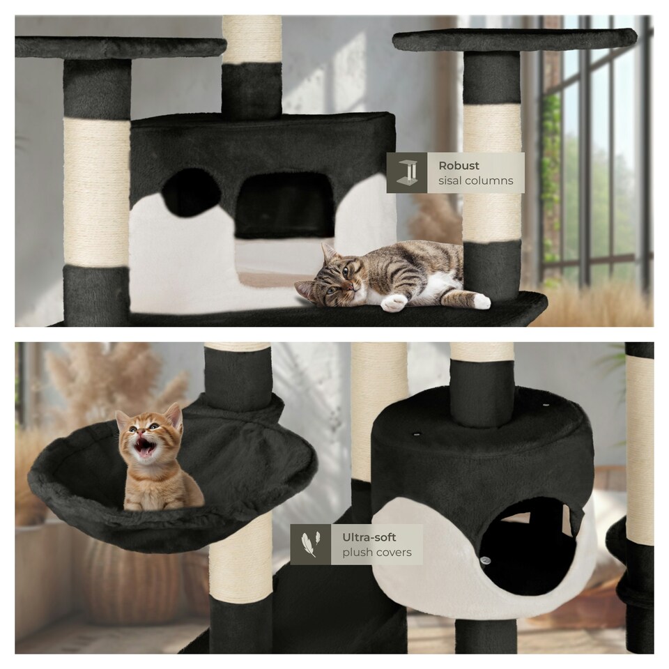image 1 of Cat Tree Fippi - 201 cm tall, sisal cat scratching post, toy & anti-tip bracket - Black/White