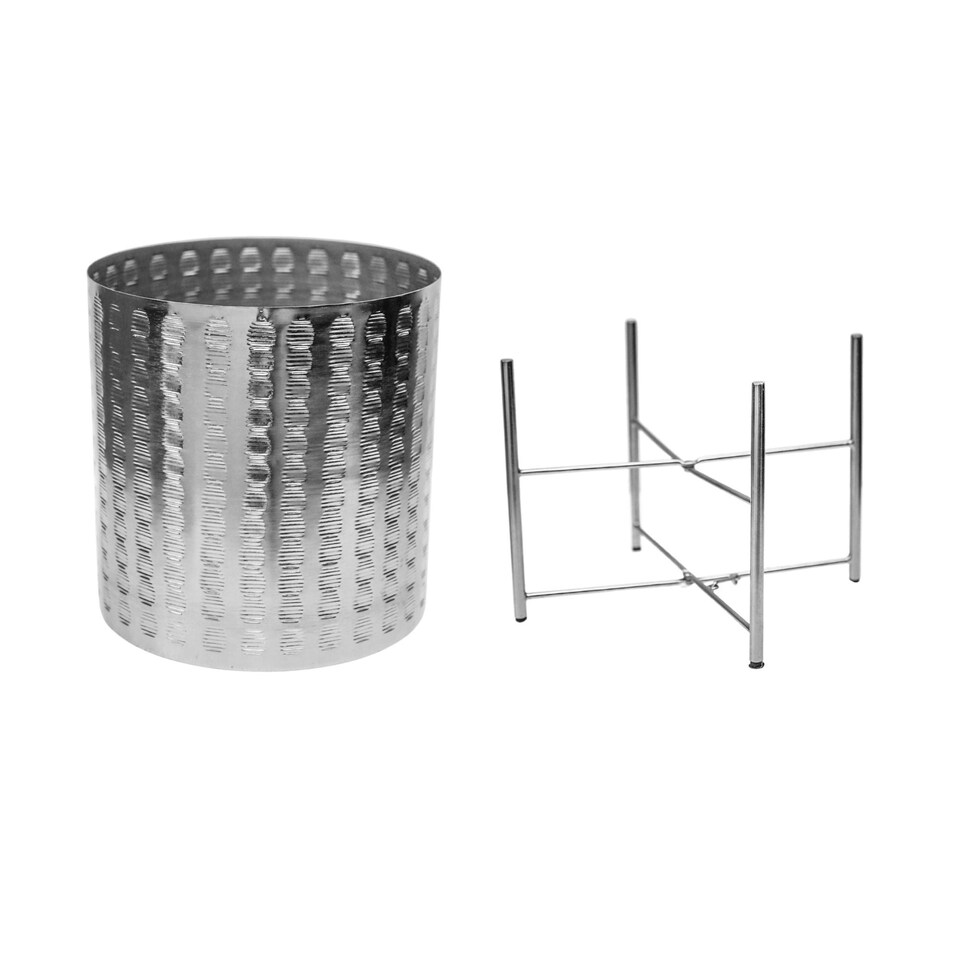 image 1 of Zendaya Embossed Metal Planter with Stand Silver