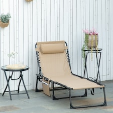 Outsunny Portable Sun Lounger, Folding Camping Bed Cot, Reclining Lounge Chair 5-position Adjustable Backrest with Side Pocket, Pillow for Patio Garden Beach Pool | White