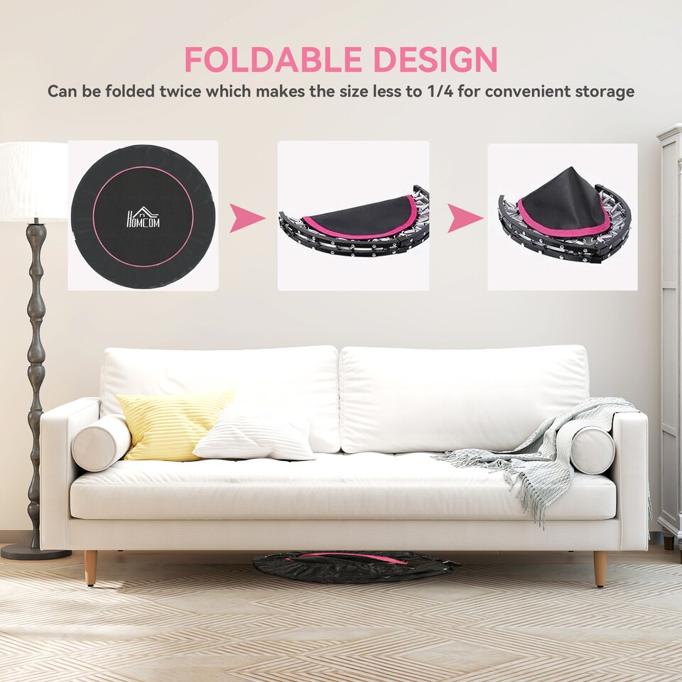 image 1 of HOMCOM 48" Foldable Mini Trampoline Fitness Trampoline Rebounder for Adults with Adjustable Foam Handle, for Indoors, Outdoors, Cardio Training, Pink | Pink