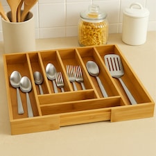 Interiors By Premier Bamboo Rectangular Expandable Cutlery Tray, Durable Eco-Friendly Drawer Organizer for Kitchen