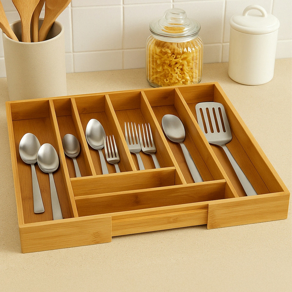 image 1 of Interiors By Premier Bamboo Rectangular Expandable Cutlery Tray, Durable Eco-Friendly Drawer Organizer for Kitchen