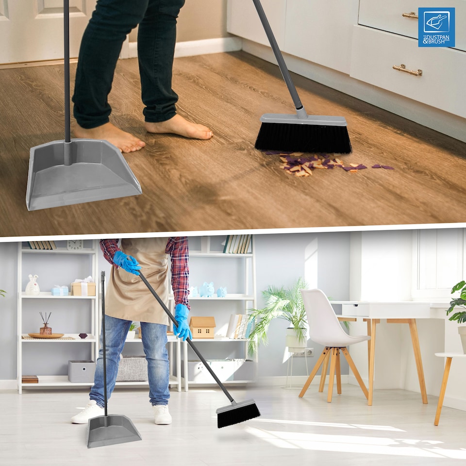 image 1 of Long Handled Upright Dustpan and Brush Set Ergonomic Standing Sweeper