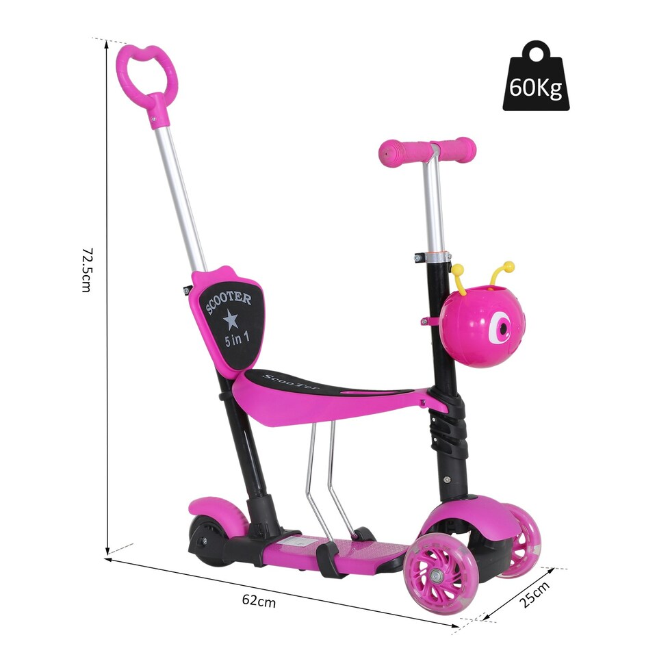 image 1 of Kids Kick Scooter, Three-Wheel Walker w/ Removable Adjustable Seat, Pink