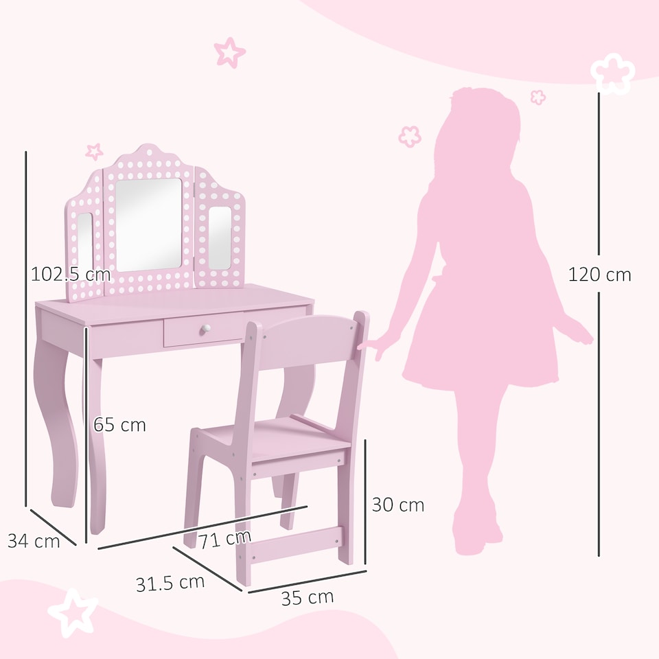 image 1 of AIYAPLAY Kids Dressing Table Set Make up w Stool, Drawer, for Playroom | Pink
