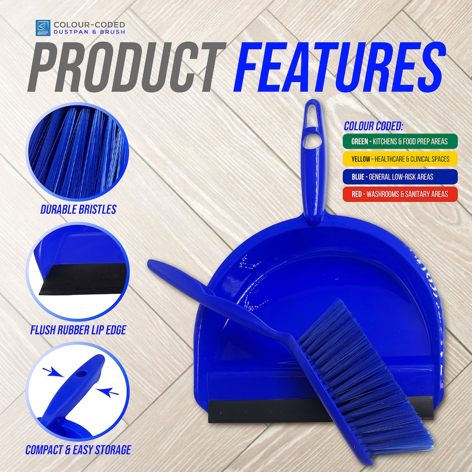 image 1 of Colour Coded Dustpan and Brush Sets Wide Plastic Dustpan with Rubber Lip and Soft Bristle Brush