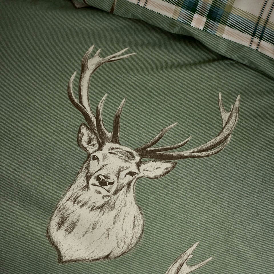 image 1 of Catherine Lansfield Stag Check Reversible Duvet Cover Set Soft Green Green | Soft Green | Double