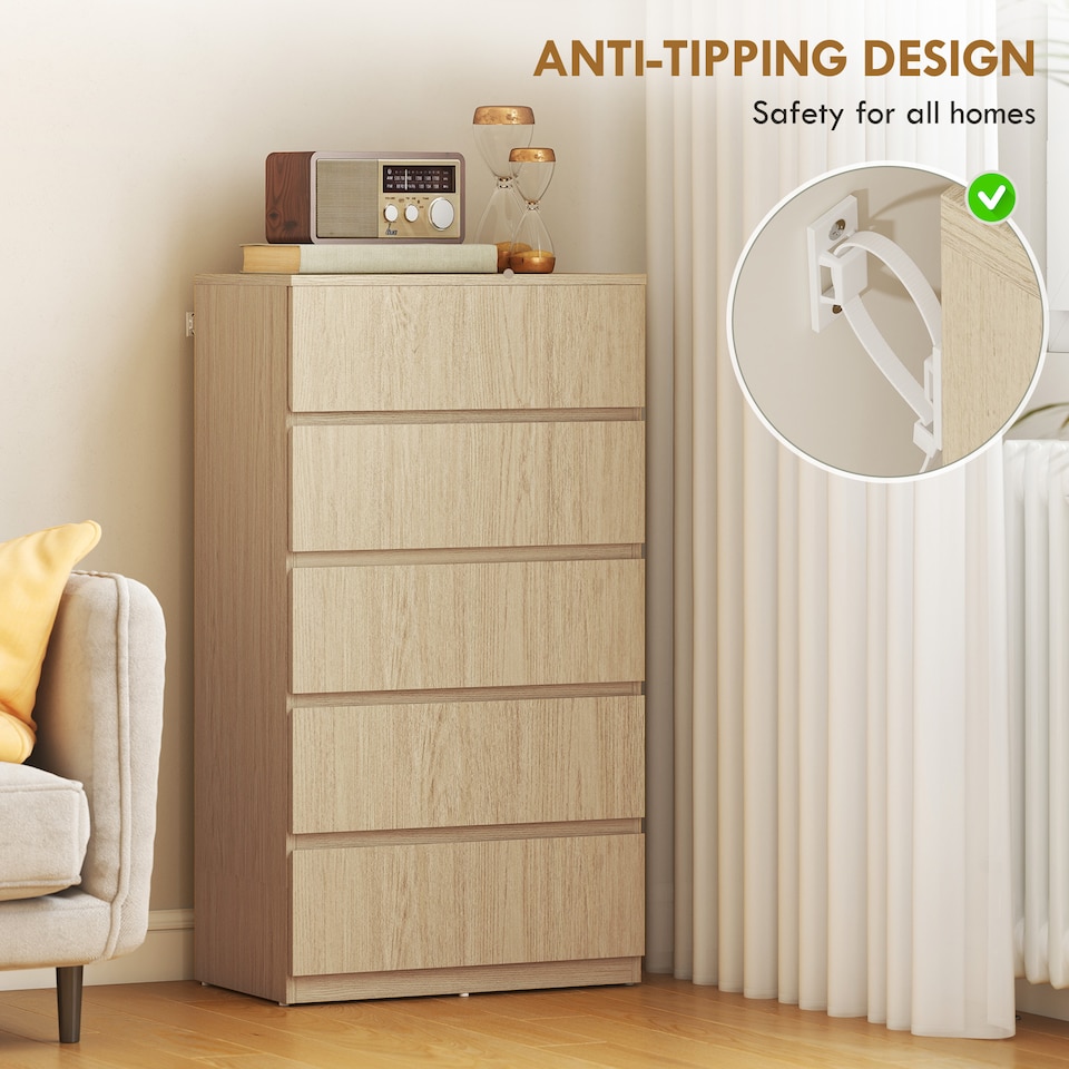 image 1 of HOMCOM Bedroom Chest of Drawers, 5 Drawers Dresser, Drawer Unit | Brown | Natural Wood | 55W x 34D x 100H cm