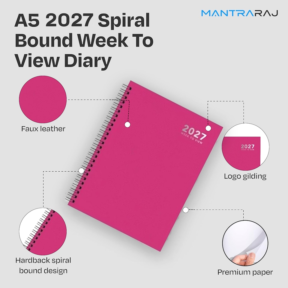 image 1 of 2027 Diary A5 Size Wiro Week to View Bright Diary Spiral Week To View Hardcover Diaries Planner Organizer (Pink)