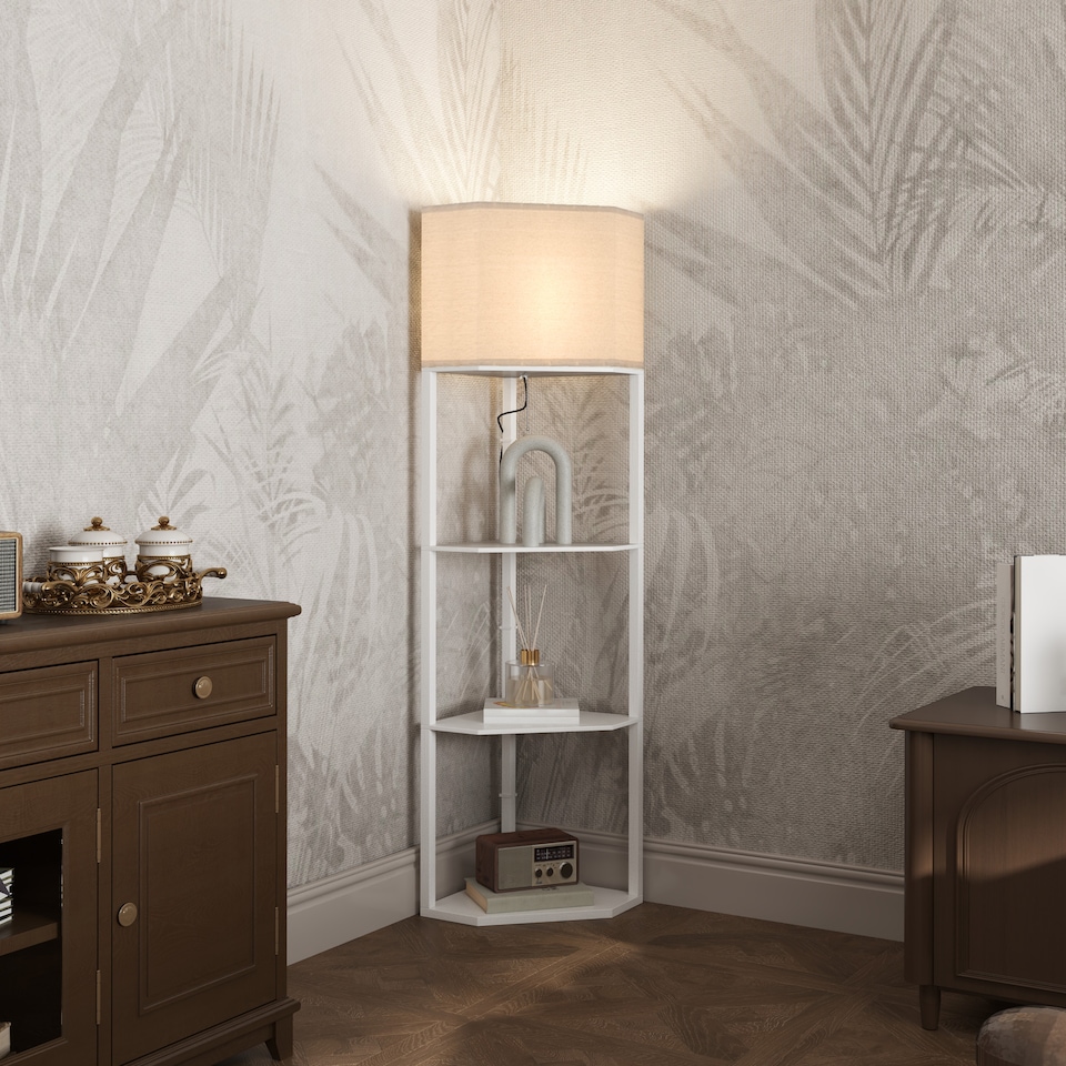 image 1 of HOMCOM Corner Floor Lamp with Shelves, Modern Tall Standing Lamp with Chain Switch for Living Room, Bedroom, Bulb Not Included, White