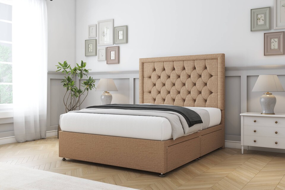 image 1 of Sloomy Montana Latte Dumfries Divan Bed With Mattress No Drawers With 54" Floor Standing Headboard 4' Small Double | Brown | Latte | Small Double | 1