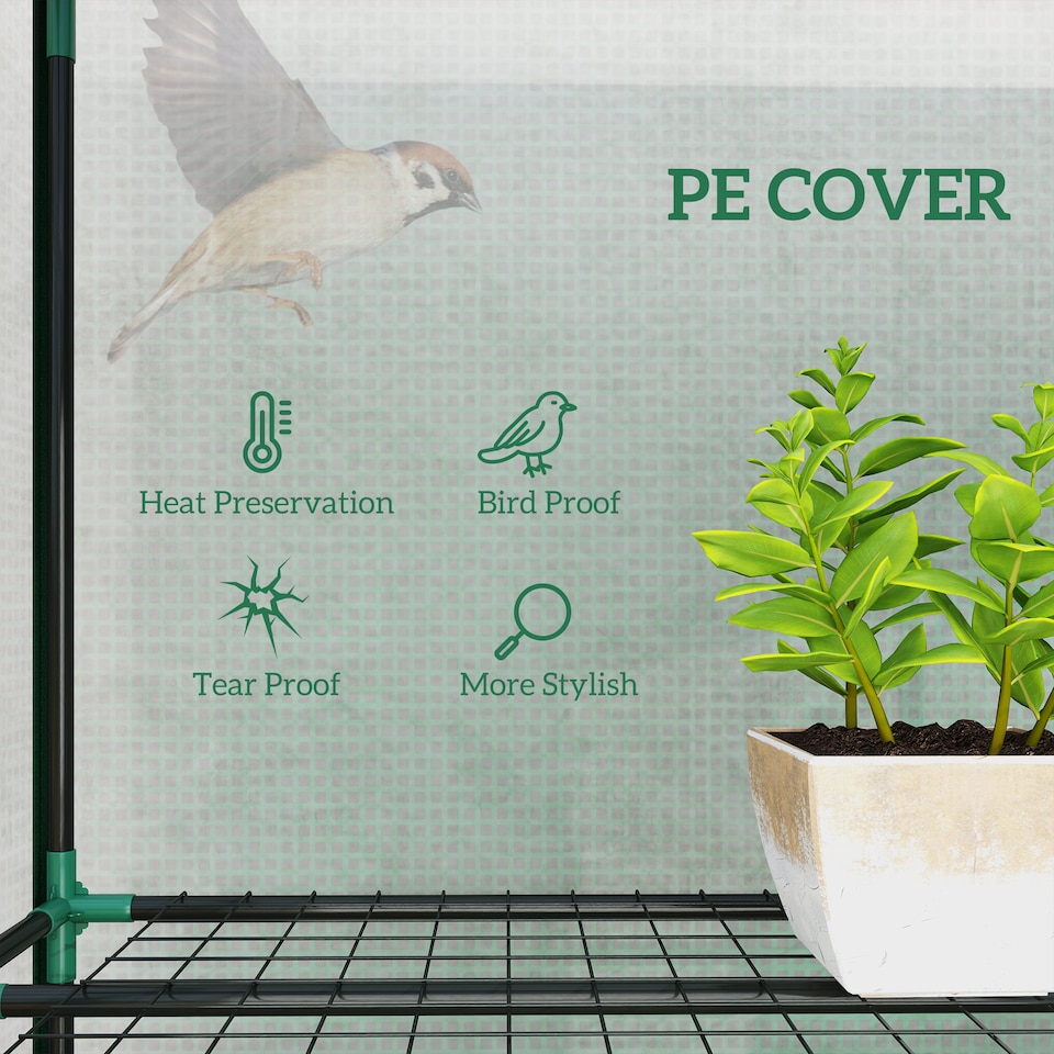 image 1 of Outsunny 3 Tier Lean-to Mini Greenhouse with PE Cover, Green | Green | Green | 215L x 46W x 151H cm