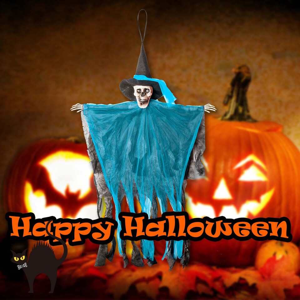 image 1 of vfm-estore Blue Hanging Skeleton Halloween Decoration with Light-Up Eyes