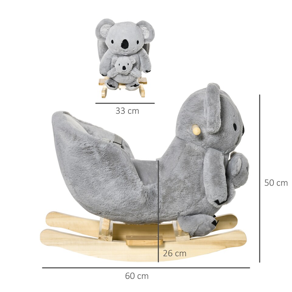 image 1 of HOMCOM Kids Plush Ride-On Rocking Horse Koala-shaped Toy w/ Gloved Doll Grey | Grey