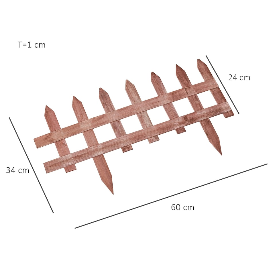 image 1 of Outsunny Pack of 12 Wooden Plant Border Fence Garden Fixed Picket Fence Brown