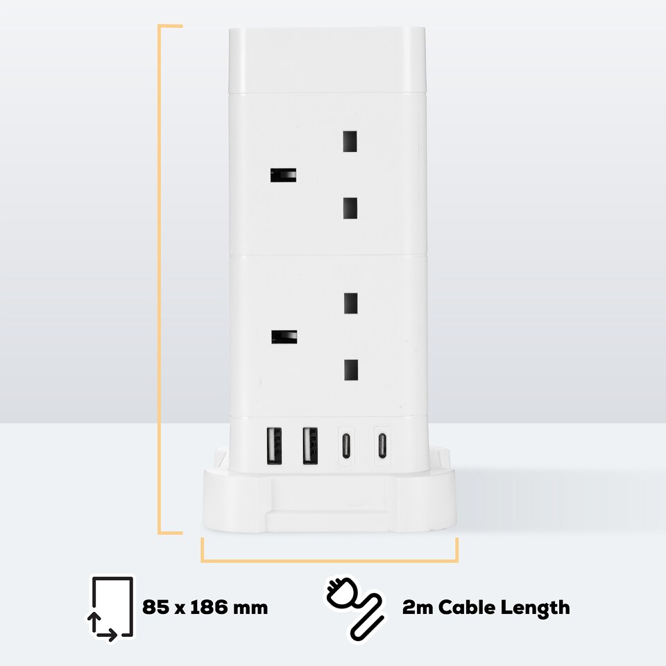 image 1 of TCP 8 AC Socket Tower Cube Extension Lead with 2 USB-A ports, and 2 USB-C ports