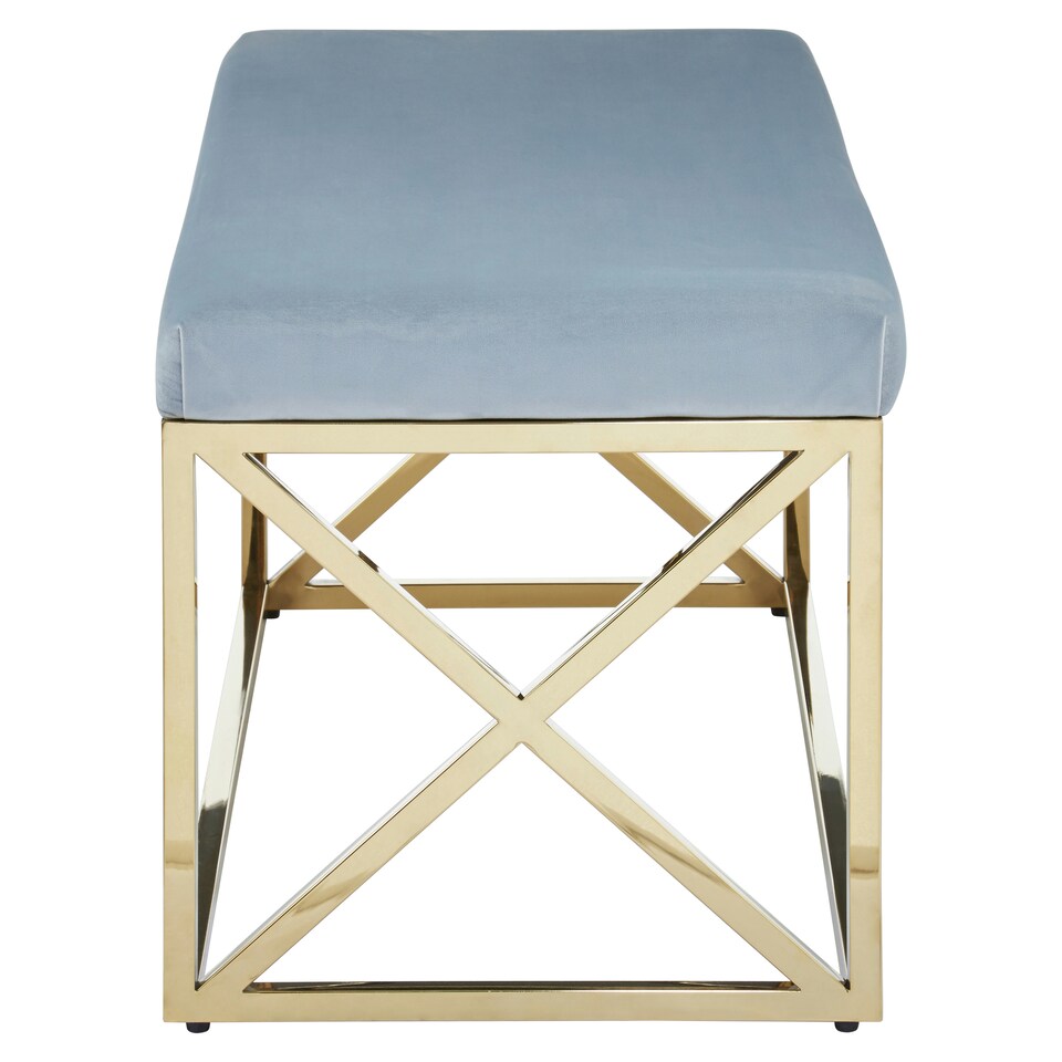 image 1 of Luxe Powder Blue Velvet And Gold Bench, Stylish Garden Bench For Outdoor, Accent Dining Bench For Diningroom Blue