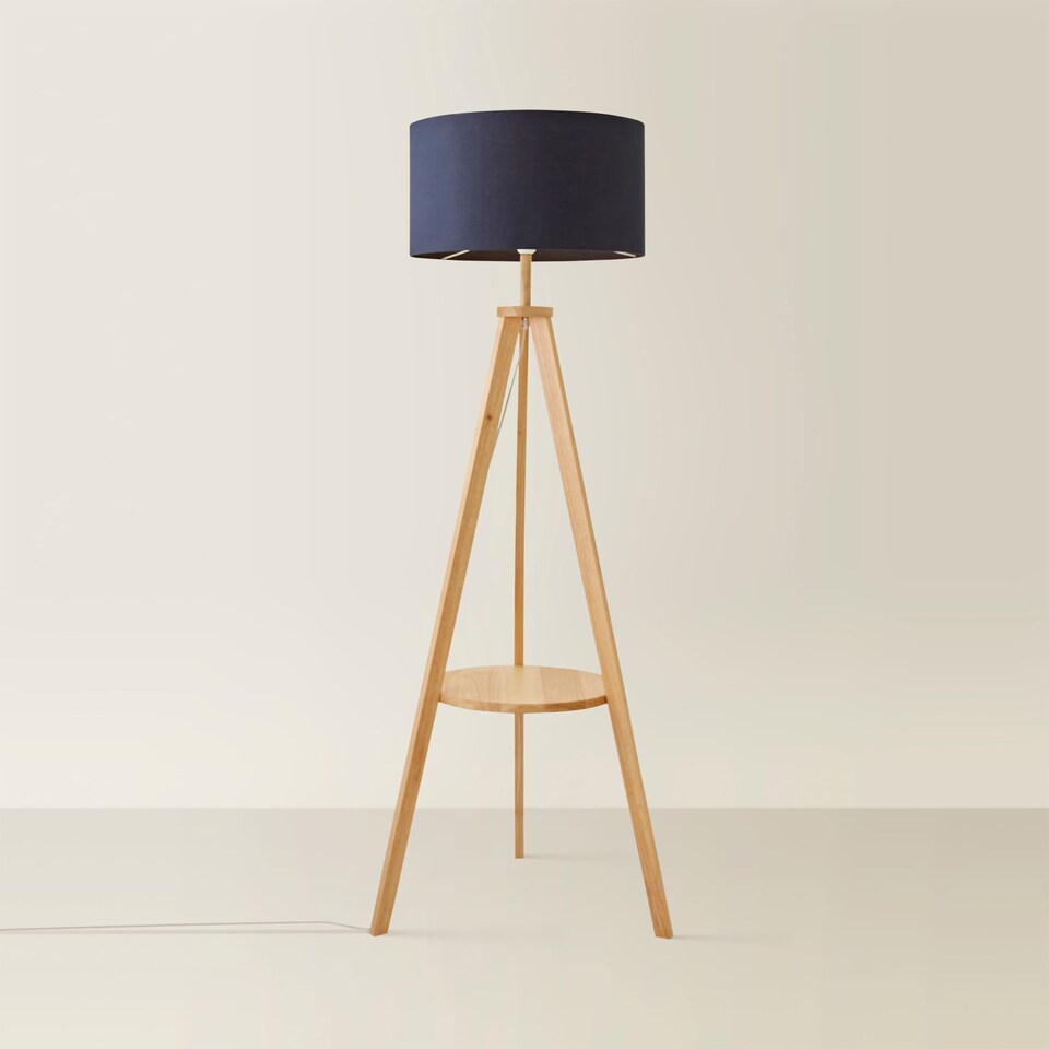 image 1 of ValueLights Morrigan Navy Shade Natural Wood Tripod Floor Lamp | Blue