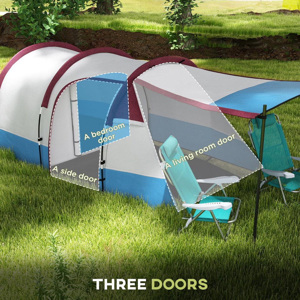 image 1 of Outsunny 2-3 Man Camping Tunnel Tent with Bedroom and Living Room | Red | Red