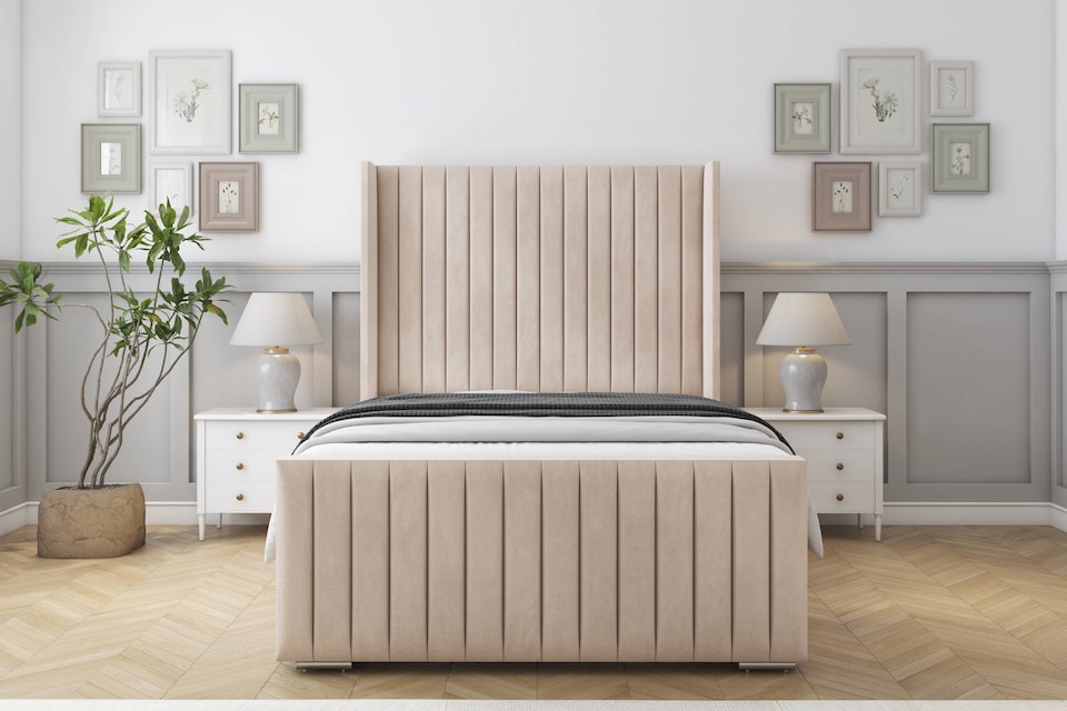 image 1 of Sloomy Marlborough Sand Naples Bed Frame With Mattress With 50"  Upholstered Wingback Headboard 6' Super King