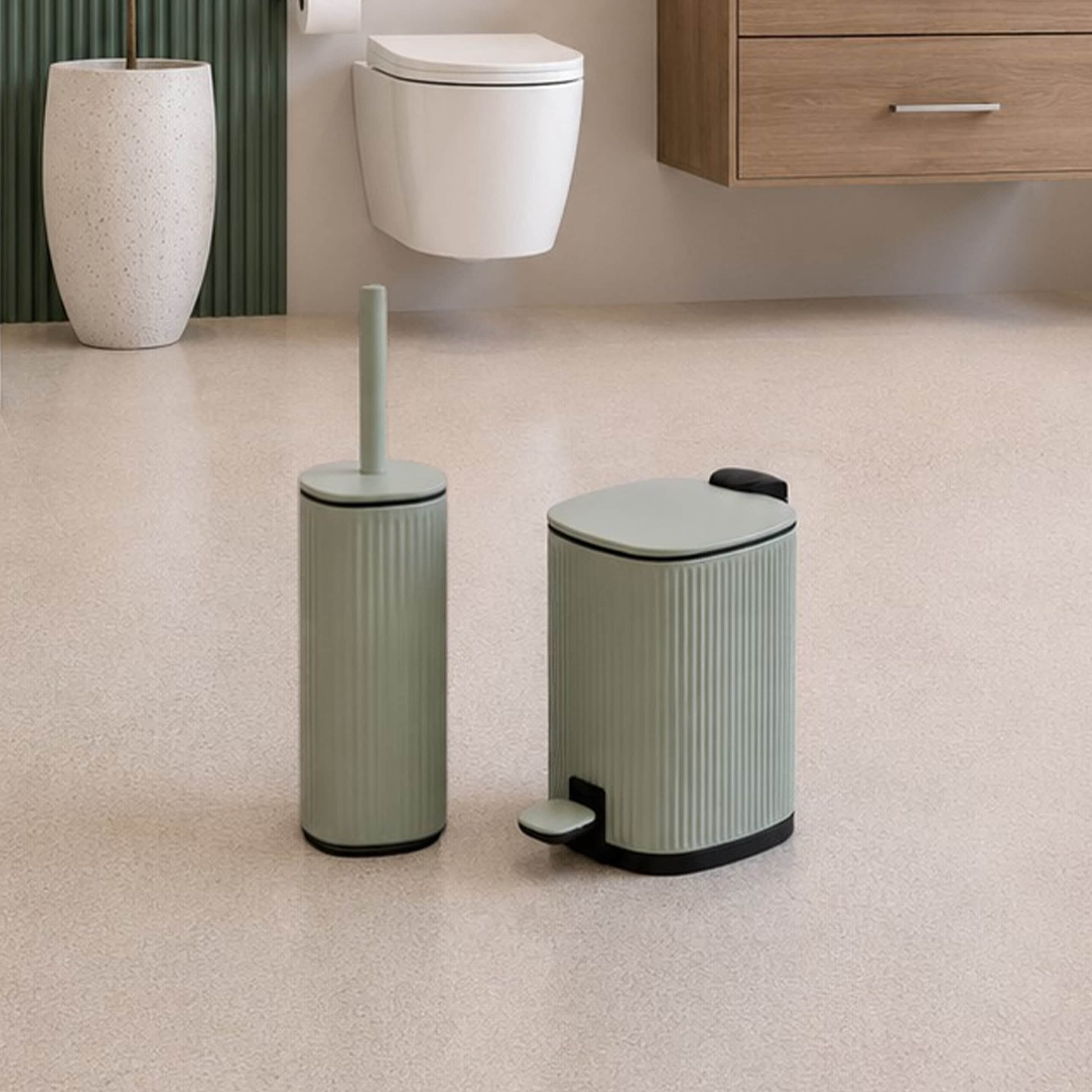 Showerdrape Targa Square Ribbed Toilet Brush & 3L Pedal Bin in Light Green