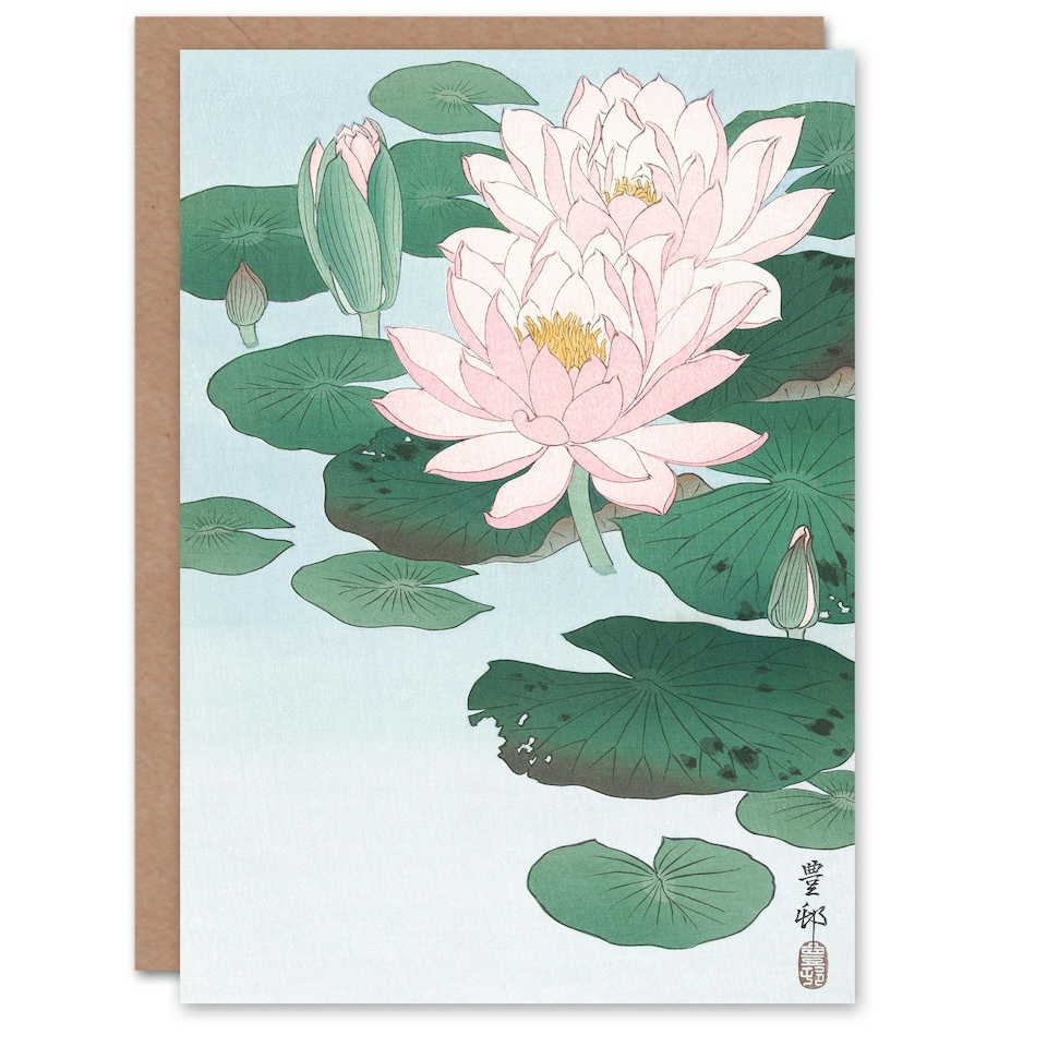 image 1 of Ohara Koson Japanese Art Card Water Lily Pads Pink Flower Bloom