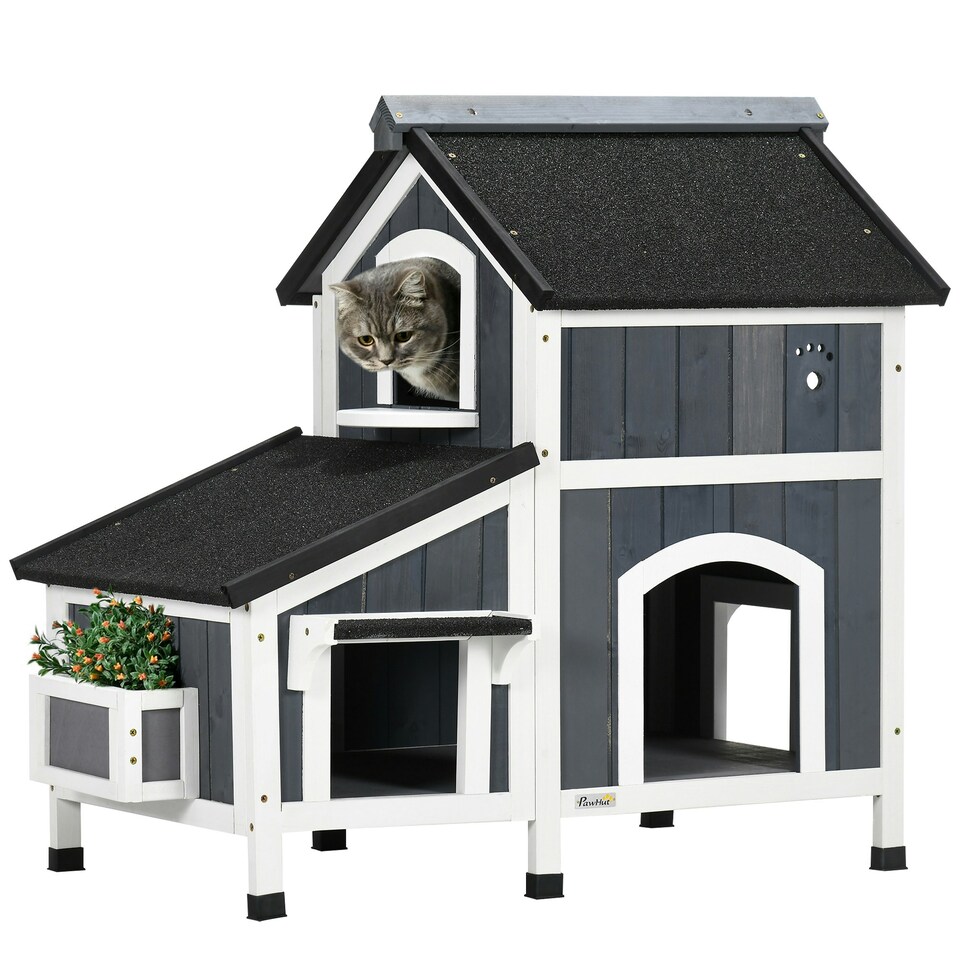 image 1 of PawHut Wooden Outdoor Cat House w/ Flower Pot, Windows, Multiple Entrances