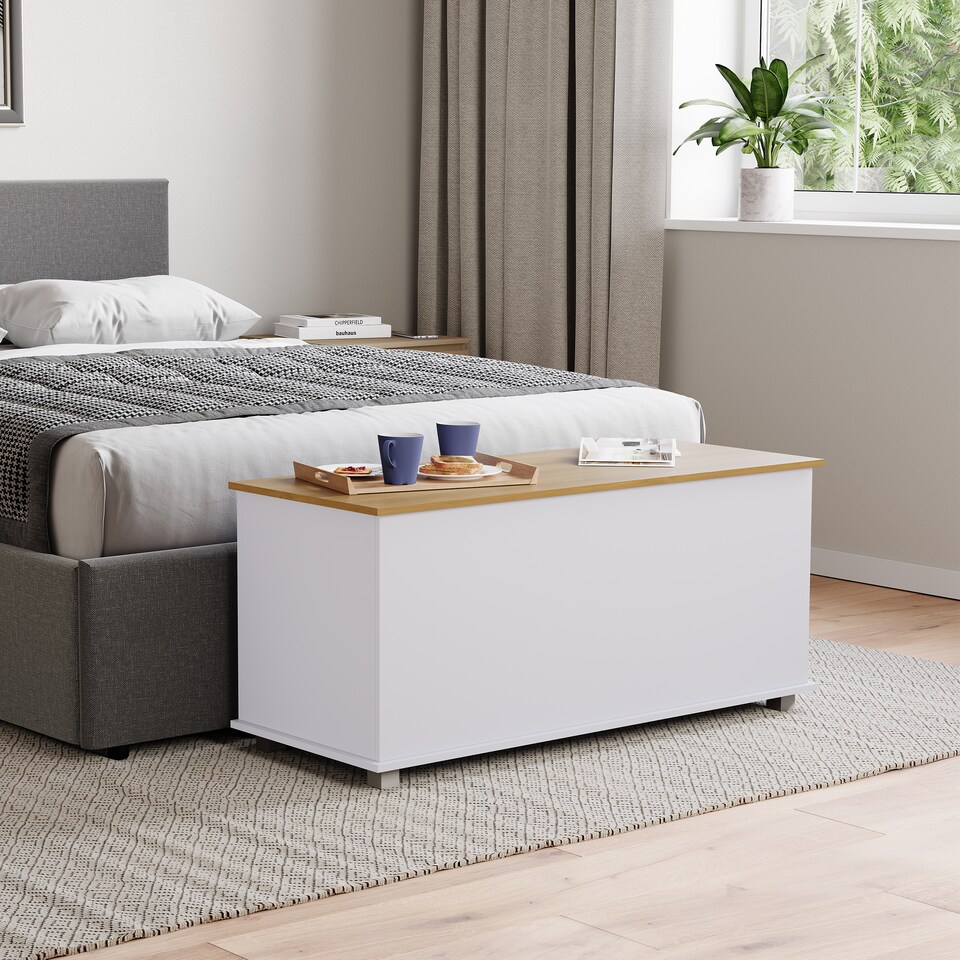 image 1 of Vida Designs Arlington Storage Ottoman Bedroom Hallway Chest Bench, White & Oak | White | White