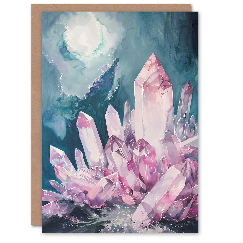 image 1 of Rose Quartz Crystal Pink Mystical Landscape Birthday Card