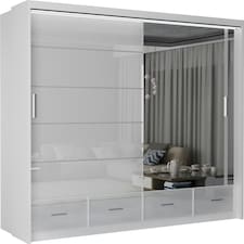 Sleek High Gloss Sliding Wardrobe 203cm with Drawers | White/Black/Grey 2-Door Bedroom Storage White | White203cm