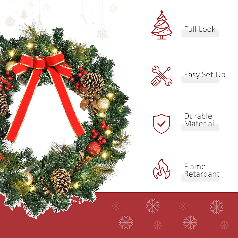 image 1 of HOMCOM Pre-Lit Artificial Christmas Door Wreath Holly Garland Decor 20 LED