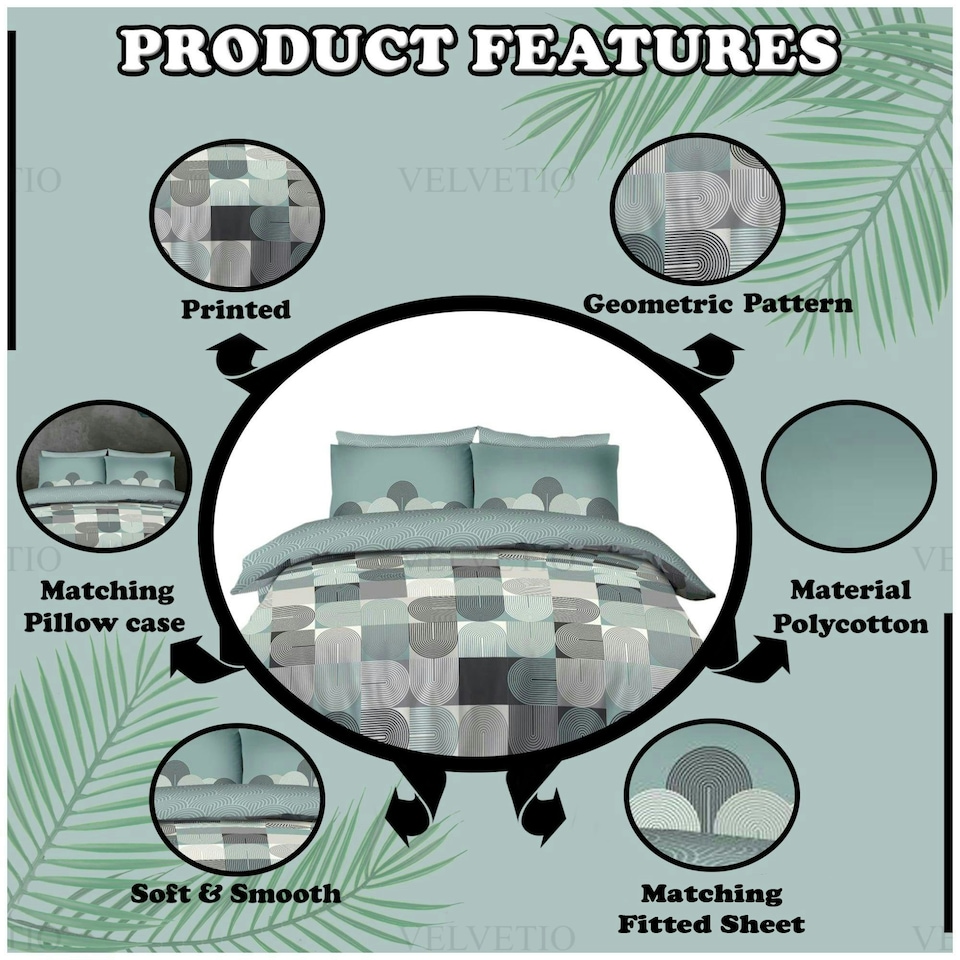 image 1 of VELVETIO Archie Complete Duvet Cover Set with Fitted Sheet Soft Polycotton Bedding Sets Green | King