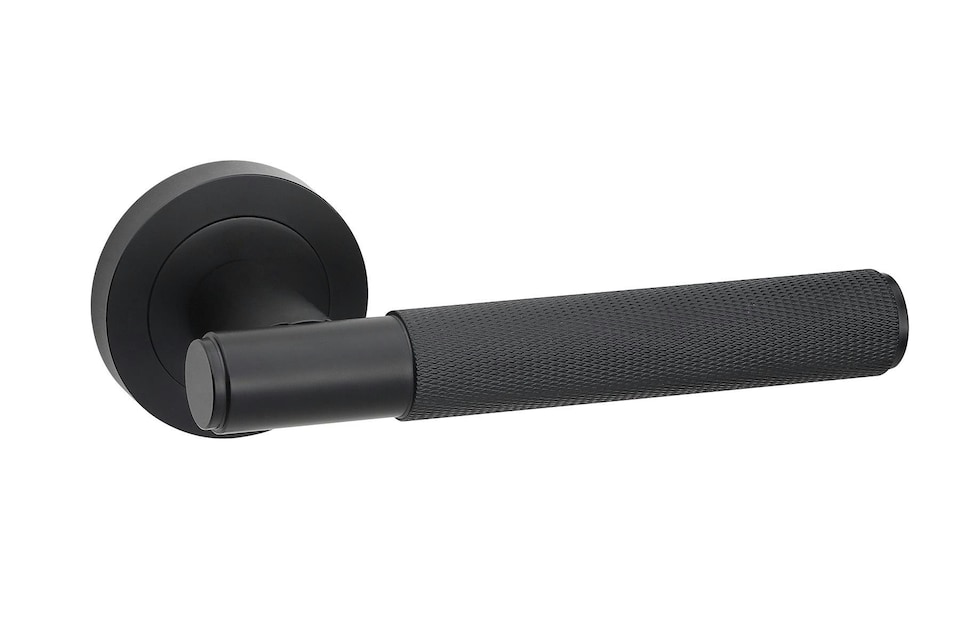 image 1 of Golden Grace Knurled T-Bar Bathroom Door Handle Set in Matt Black with Thumbturn and Mortise Lock | Black | 1 Set