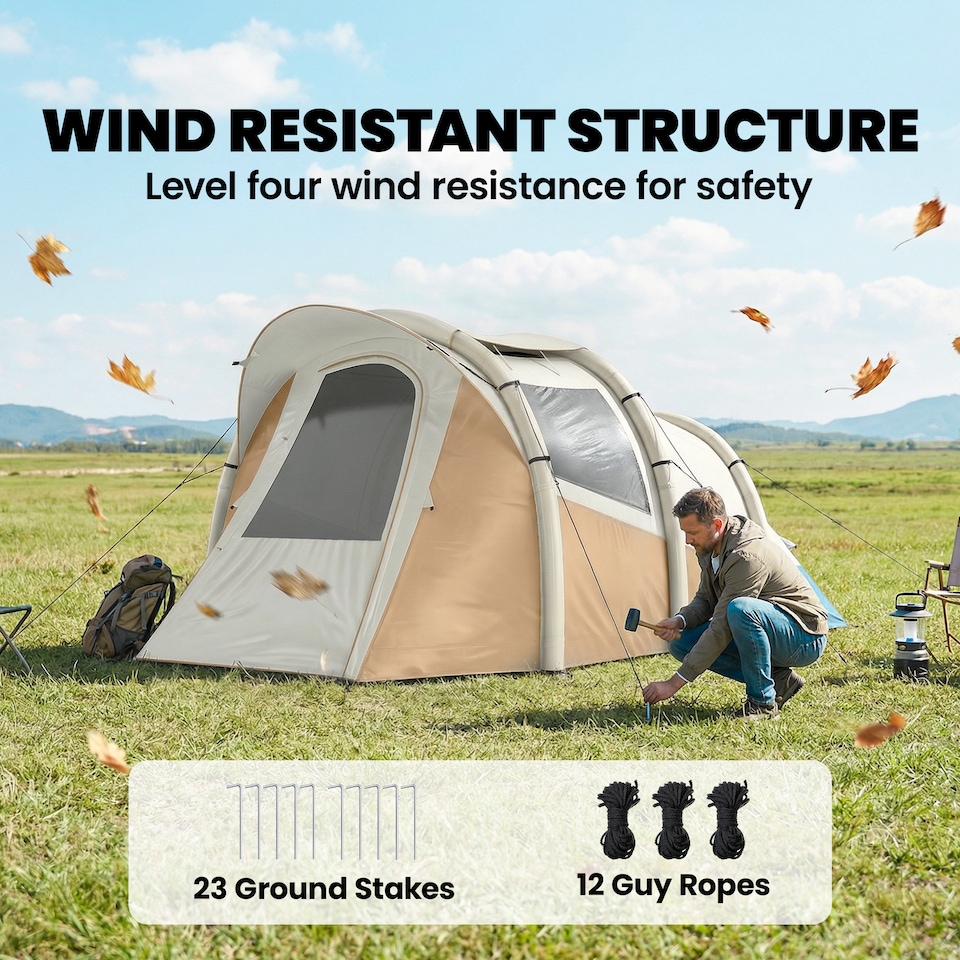 image 1 of Outsunny Inflatable Camping Tent w/ Air Pump, 2-3 Person Blow Up Tent | Brown | Khaki, Beige | 480 x 280 x 195 cm