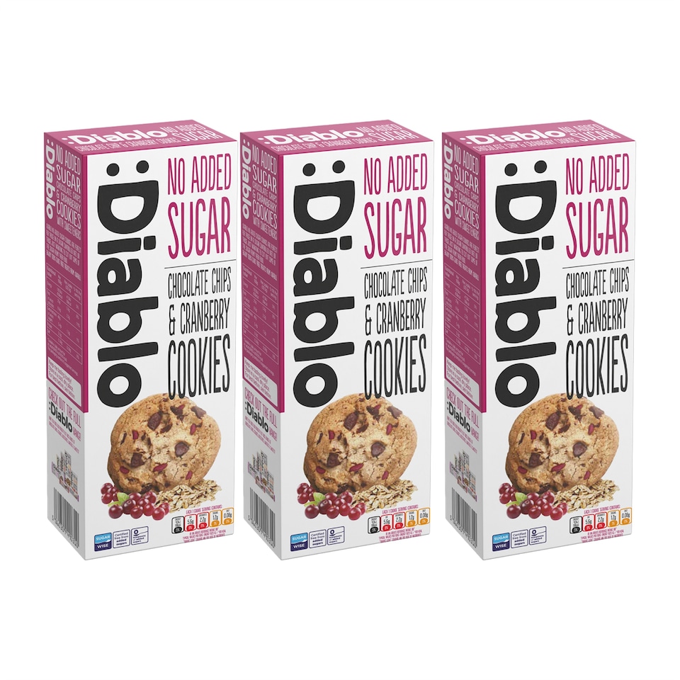 image 1 of Diablo No Added Sugar Chocolate Chip and Cranberry Cookies 135g 3 Pack