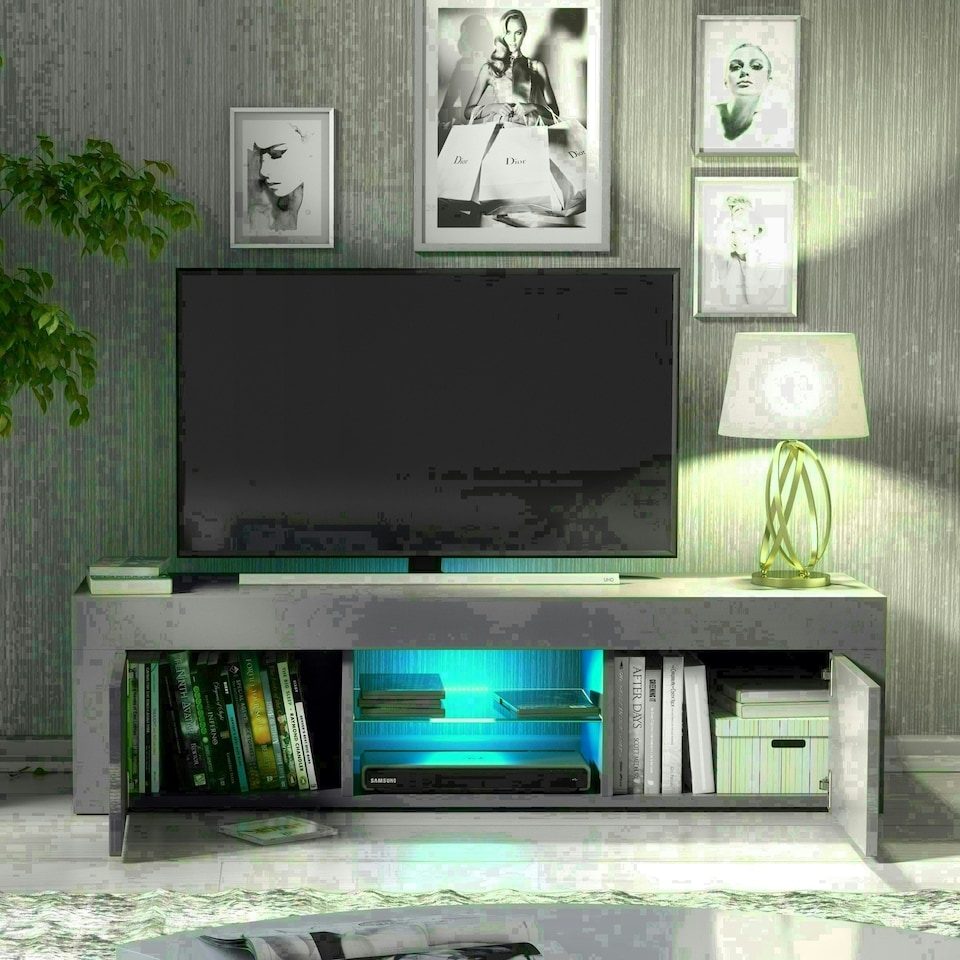 image 1 of TV Unit 130cm Grey Gloss Doors Grey Matt Body Modern Cabinet | Grey | One Size | 1