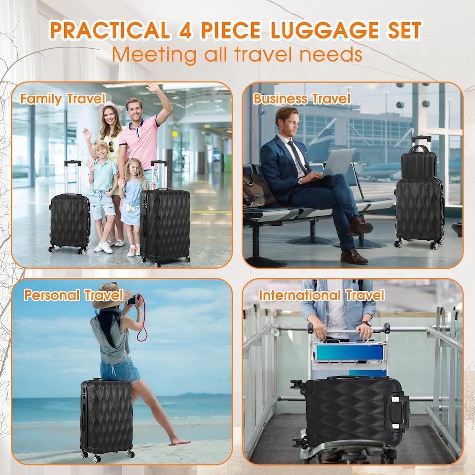 image 1 of 4 Piece Travel Luggage Sets with 360° Spinner Wheels | Black | Black